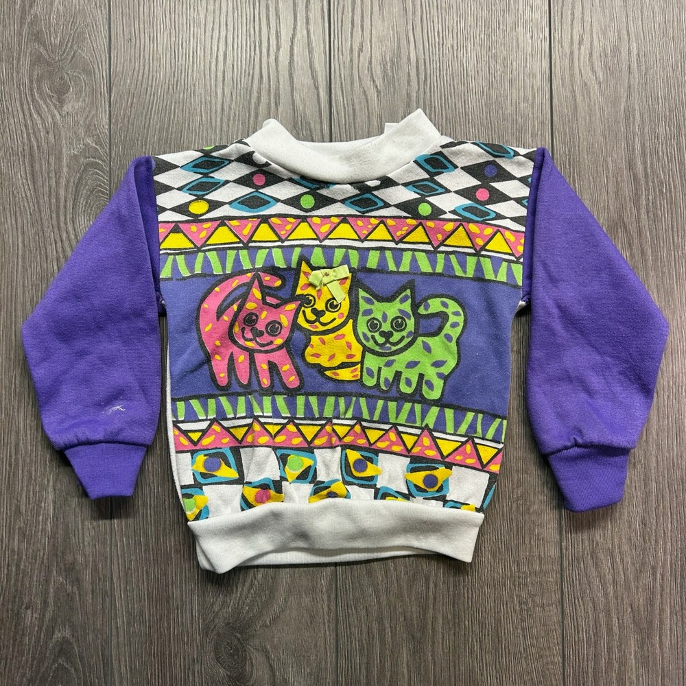 Vintage Essex Kids Sweatshirt Size 2 Purple White Neon Cat Graphic 90s Pullover